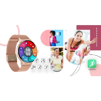 Smartwatch Damski Giewont GW330-1 Różowe Złoto-Róż Pudrowy Pasek Silikonowy + Bransoleta Różowe Złoto