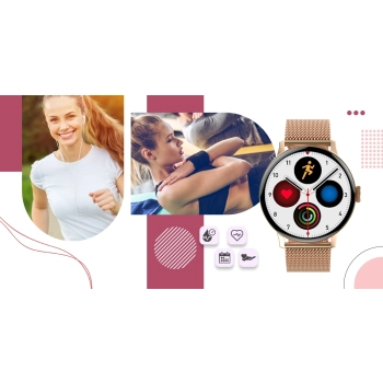 Smartwatch Damski Giewont GW330-1 Różowe Złoto-Róż Pudrowy Pasek Silikonowy + Bransoleta Różowe Złoto