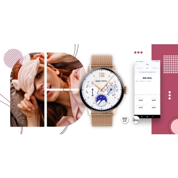 Smartwatch Damski Giewont GW330-1 Różowe Złoto-Róż Pudrowy Pasek Silikonowy + Bransoleta Różowe Złoto