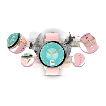 Smartwatch Damski Giewont GW330-1 Różowe Złoto-Róż Pudrowy Pasek Silikonowy + Bransoleta Różowe Złoto